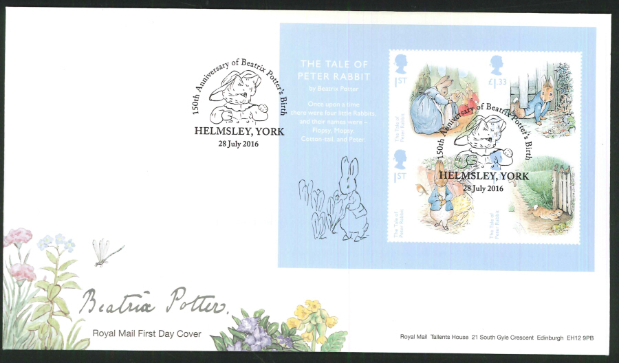 2016 - Beatrix Potter Minisheet First Day Cover, Helmsley York Postmark
